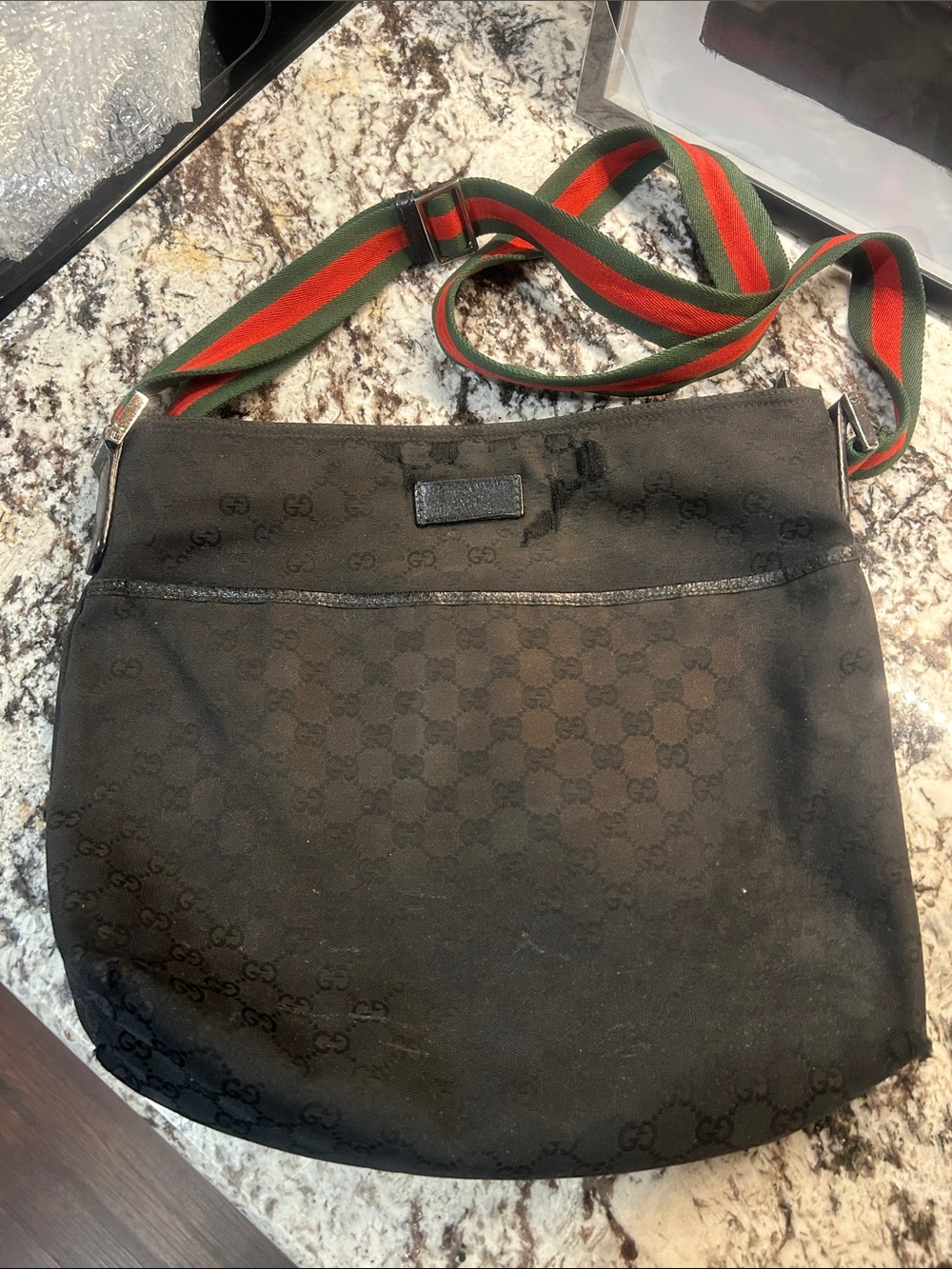 Gucci Black Monogram GG Messanger Bag with Red-Green Web Strap